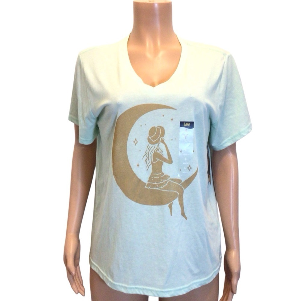 Lee Womens Mint Green Girl Sitting On Moon Short Sleeve Graphic Print Tee Size L